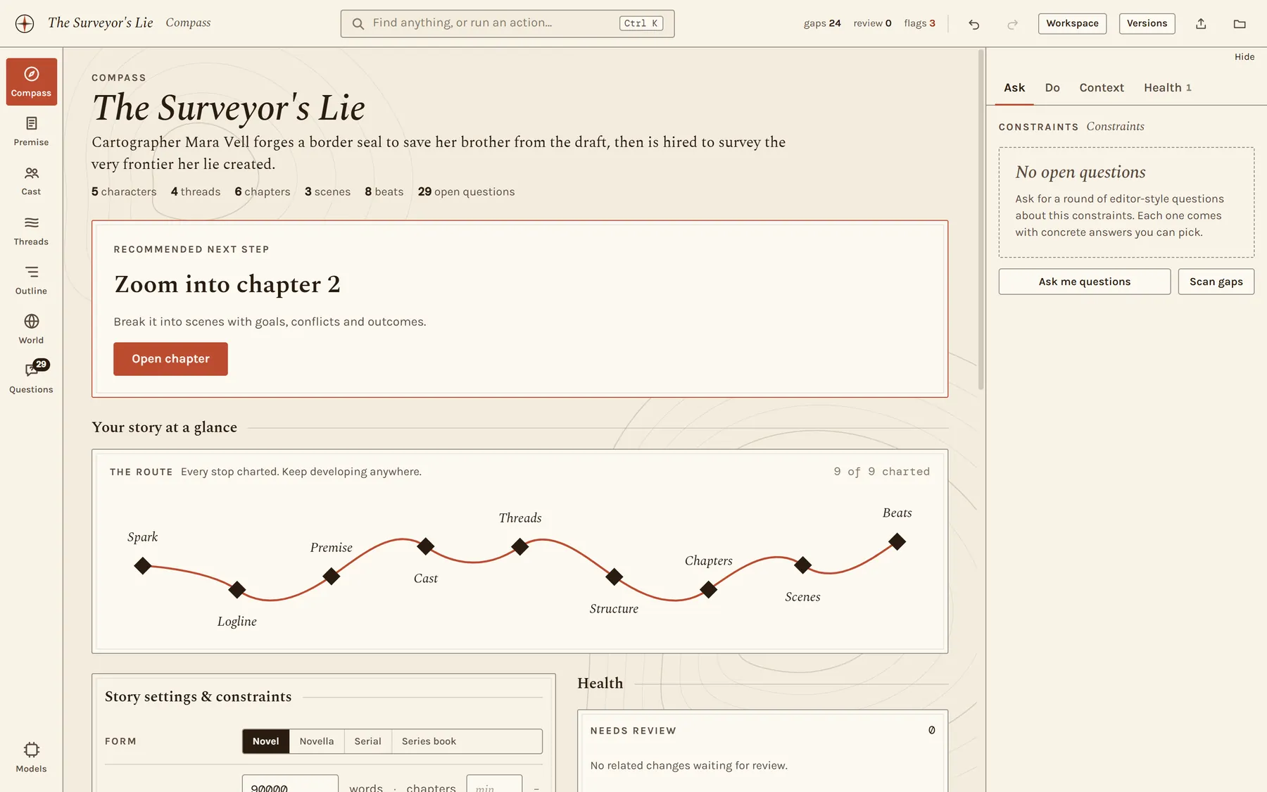 The Compass screen: a recommended next step, and a winding route from Spark to Beats with every stop charted.