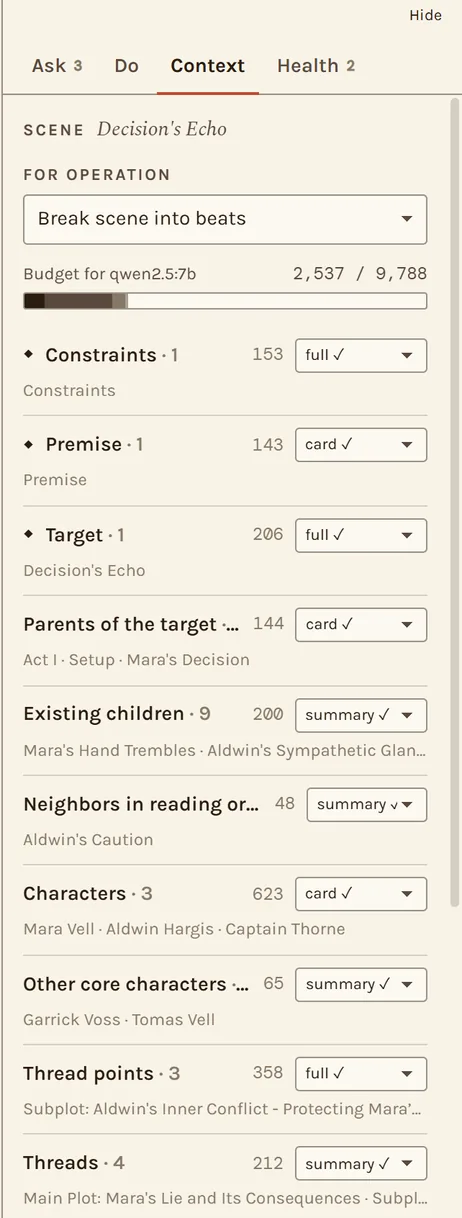 The Context panel: a token budget bar, and each piece of story context with its size and a detail-level selector.