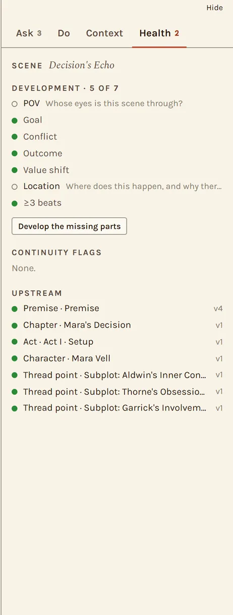 The Health panel: a development checklist, continuity flags, and the version of each upstream node.